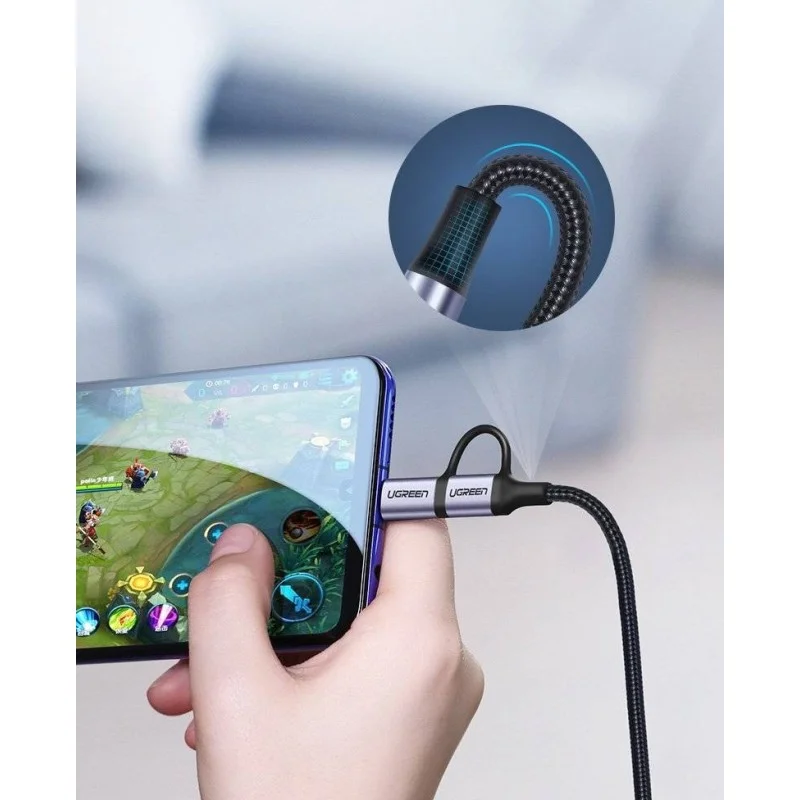UGREEN 2 IN 1 USB-A to Micro-USB + USB-C Braided Cable, Fast Charge
