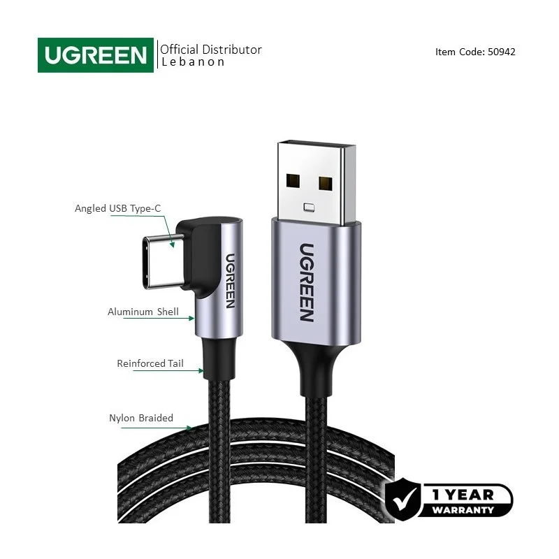 UGREEN USB-A to Angled USB-C Braided Cable, Fast Charge