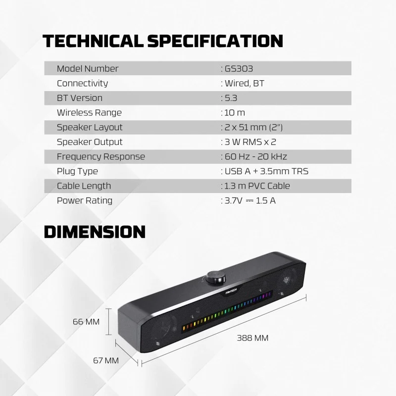 Fantech GS303 GROOVE BAR Dual Mode (Wired & Bluetooth) RGB Gaming Speaker, 6W 2" tuned Drive