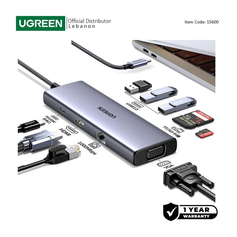 UGREEN 9-in-1 USB-C HUB Docking Station 4k HDMI + 3xUSB + SDTF + VGA + Lan RJ45 + USB-C Power Delivery Port - CM498 15600