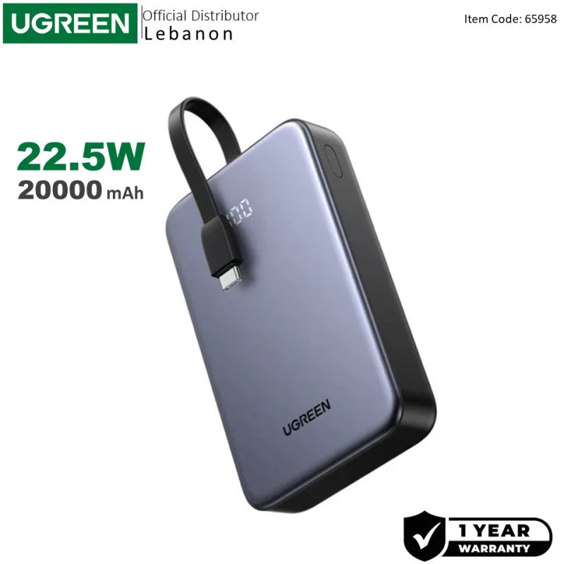 UGREEN 20000mAh 22.5W Fast Charge Power Bank — Built‑in USB‑C Cable & Digital Display