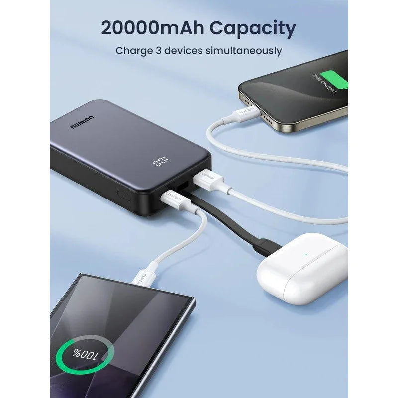 UGREEN 20000mAh 22.5W Fast Charge Power Bank — Built‑in USB‑C Cable & Digital Display