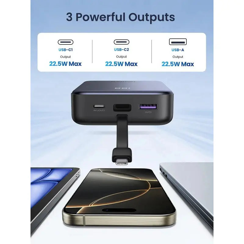 UGREEN 20000mAh 22.5W Fast Charge Power Bank — Built‑in USB‑C Cable & Digital Display