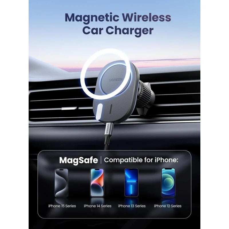UGREEN 2-in-1 Magnetic Wireless Car Charger – 15W Fast Charging, Dashboard & Air Vent Mount