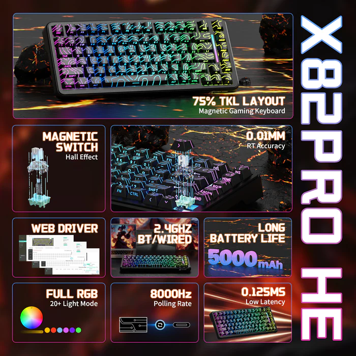 Attack Shark X82PRO HE Three-mode Magnetic Axis Gaming Keyboard Black Wireless