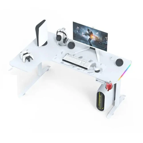 L-Shaped 160cm RGB Gaming Desk β Electrically Adjustable Height | Carbon-Style Surface, Cup Holder & Headset Hook | Black