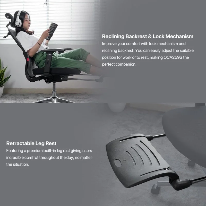 Fantech OC-A259s: Ultimate Comfort & Heavy-Duty Chair with Lumbar Support, Retractable Leg Rest, Metal Base, 2D Armrest