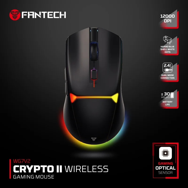 FANTECH WG7V2 CRYPTO II, 12000DPI Dual Mode Wired & Wireless Gaming Mouse with Built-in Battery