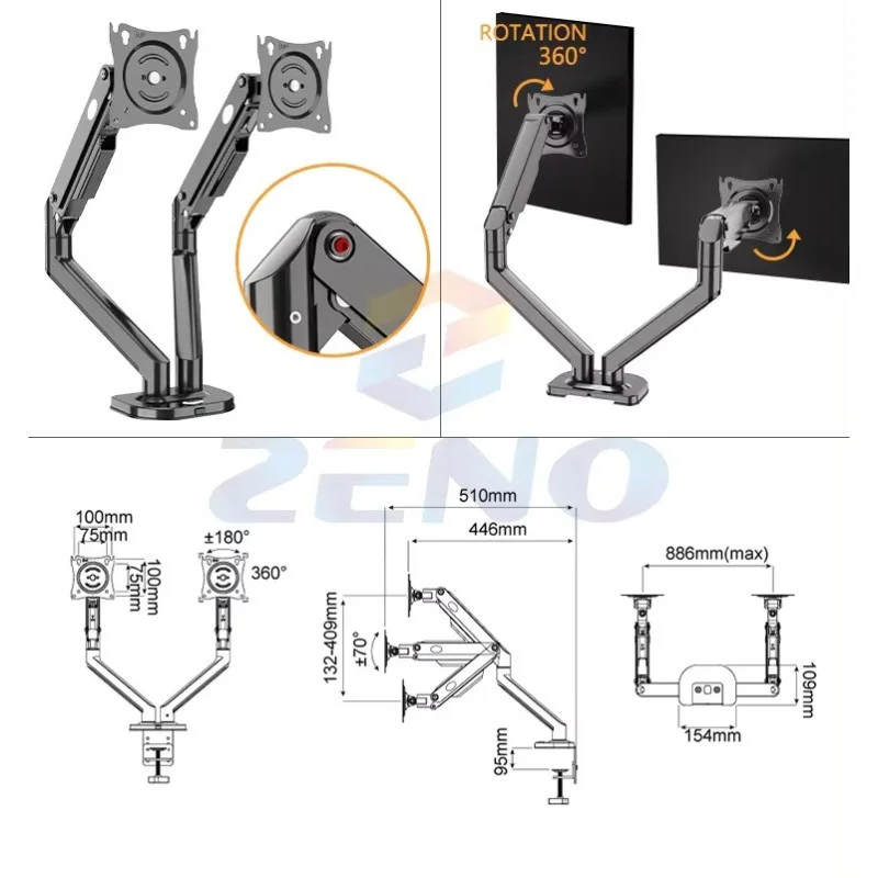 Kaloc DS200 H2 Adjustable Dual Arm, Gas Spring Technology, Fits Screens 17 to 30 Inches and Laptops up to 17.3inch
