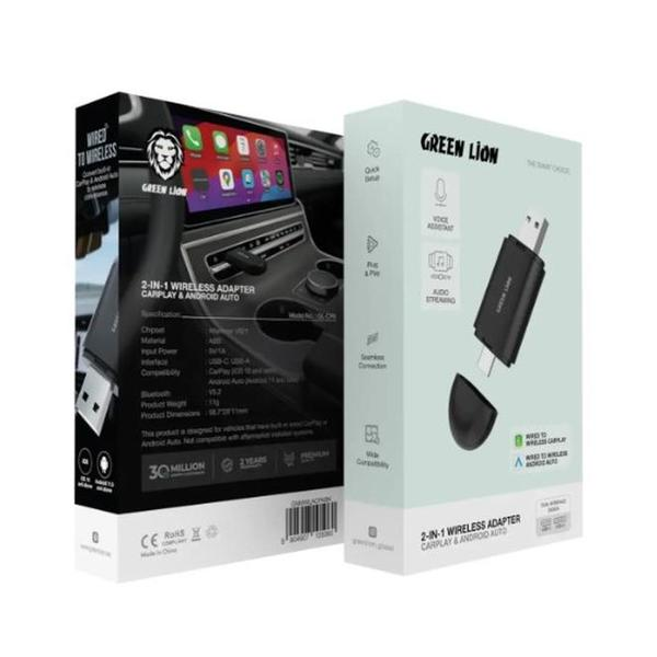 Green Lion 2-In-1 Wireless Adapter CarPlay & Android Auto, Wired to Wireless CarPlay, Wired to Wireless Android Auto