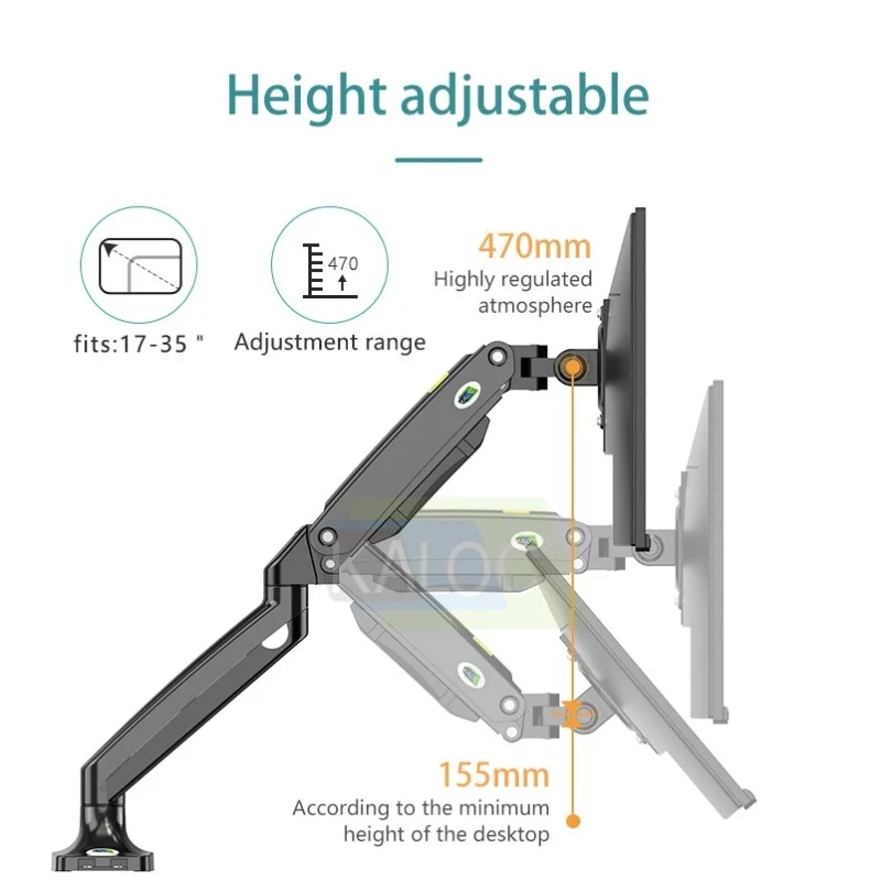 KALOC DS110B Adjustable Single Monitor Arm with Internal Gas Spring technology for Easy Adjustment, for Screens 17 to 35 Inches