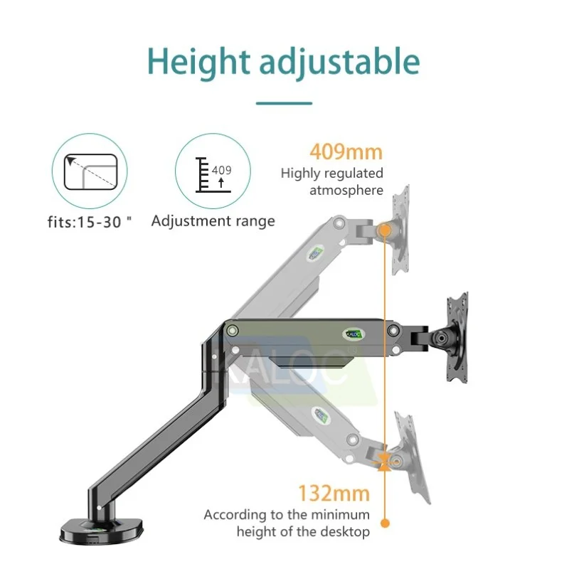 KALOC DS200B Adjustable Single Monitor Arm with Internal Gas Spring technology for Easy Adjustment, for Screens 17 to 32 Inches