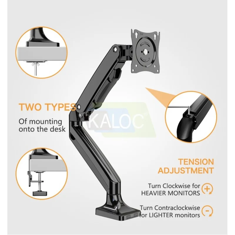 KALOC DS110B Adjustable Single Monitor Arm with Internal Gas Spring technology for Easy Adjustment, for Screens 17 to 35 Inches