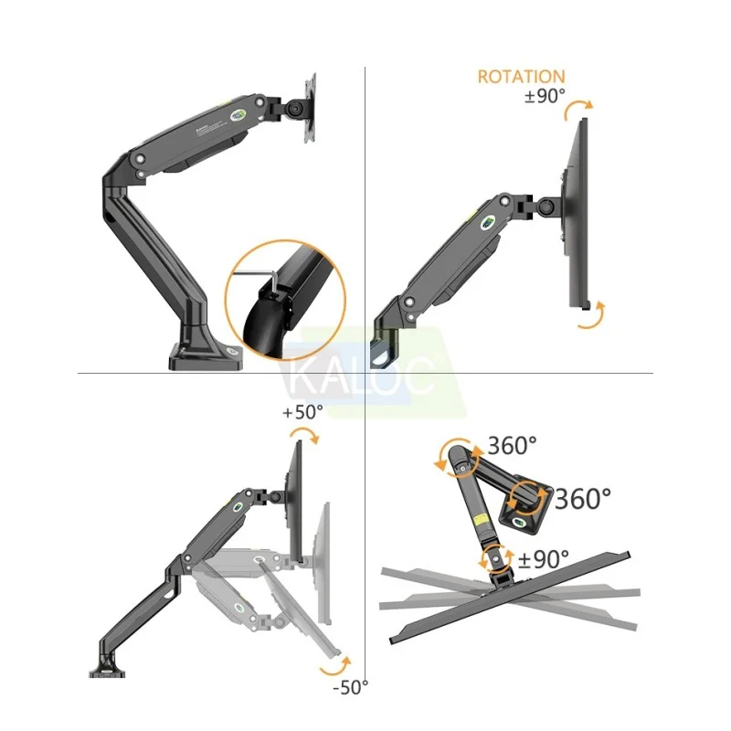 KALOC DS110B Adjustable Single Monitor Arm with Internal Gas Spring technology for Easy Adjustment, for Screens 17 to 35 Inches