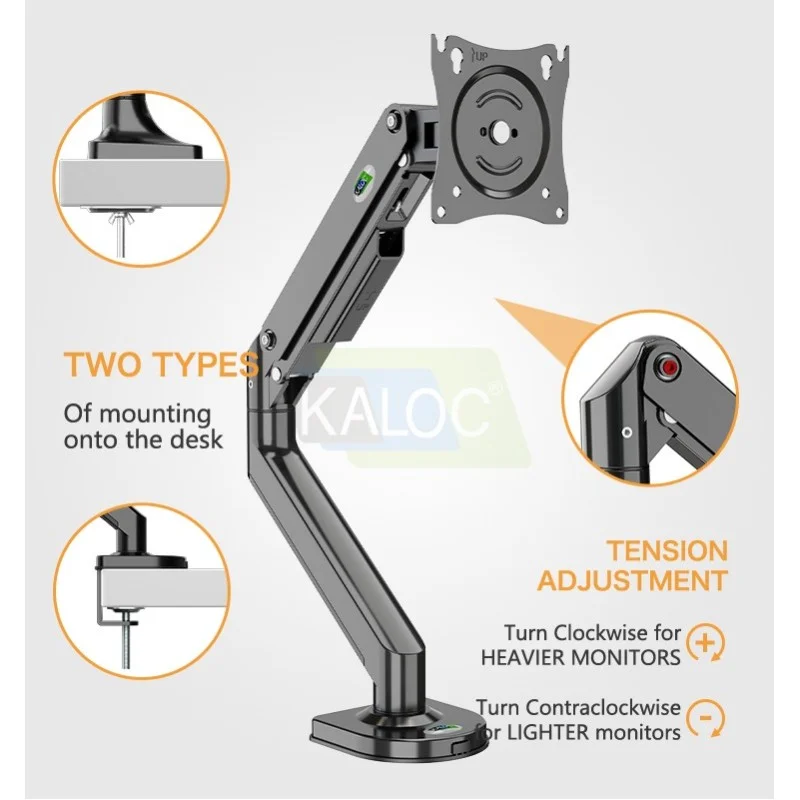 KALOC DS200B Adjustable Single Monitor Arm with Internal Gas Spring technology for Easy Adjustment, for Screens 17 to 32 Inches