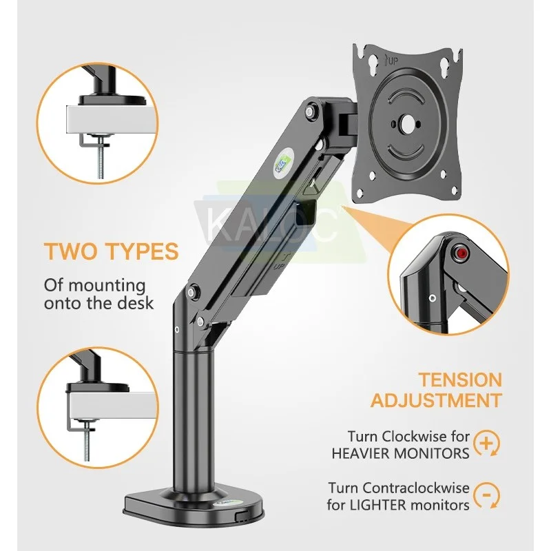KALOC DS300B Adjustable Single Monitor Arm with Internal Gas Spring technology for Easy Adjustment, for Screens 17 to 32 Inches