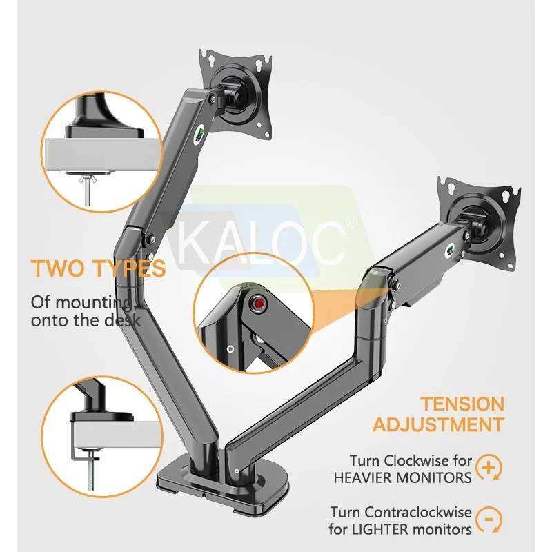 Kaloc DS2002B Adjustable Dual Monitor Arm with Internal Gas Spring technology for Easy Adjustment, for Screens 17 to 32 Inches