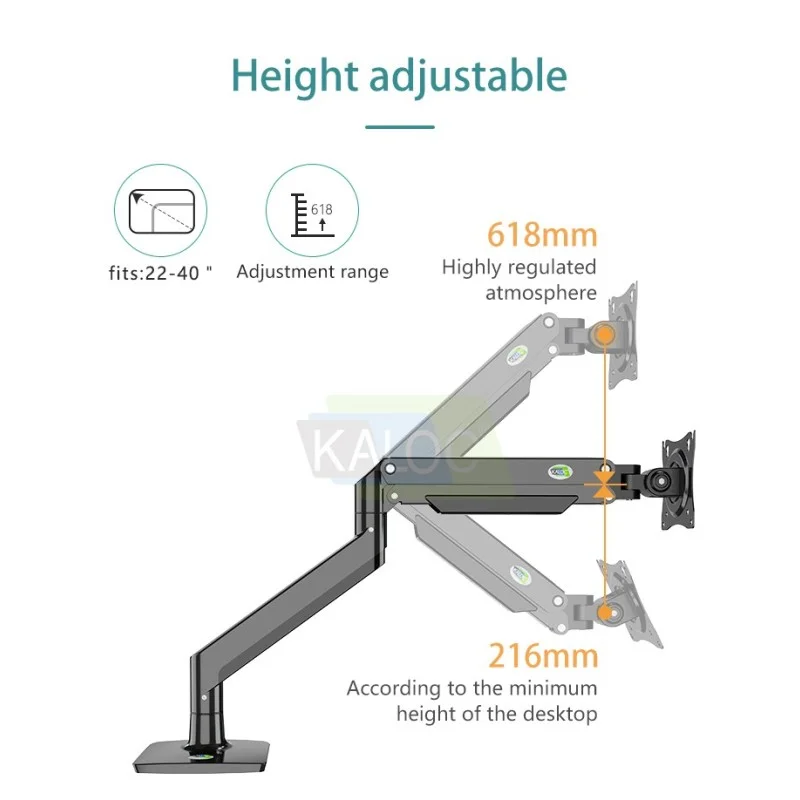 Kaloc DS160 Adjustable Single Monitor Arm with Internal Gas Spring technology for Easy Adjustment, for Screens 22 to 40 Inches