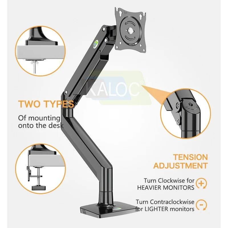 Kaloc DS160 Adjustable Single Monitor Arm with Internal Gas Spring technology for Easy Adjustment, for Screens 22 to 40 Inches
