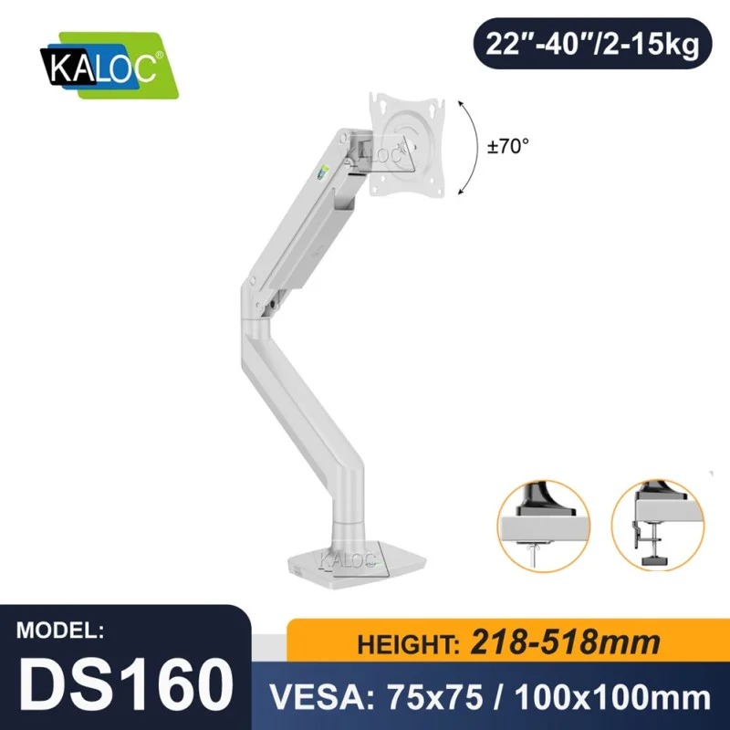 Kaloc DS160 Adjustable Single Monitor Arm with Internal Gas Spring technology for Easy Adjustment, for Screens 22 to 40 Inches
