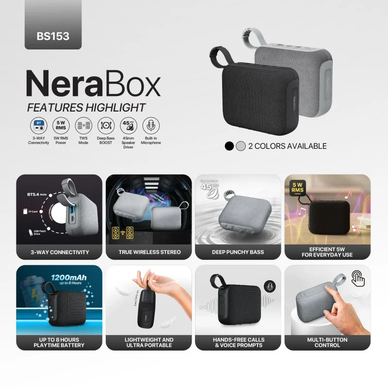 FANTECH NERABOX BS153 Wireless Speaker Bluetooth 5.4, 5W RMS, TWS Mode, USB & TF Card Support, Built-in Battery