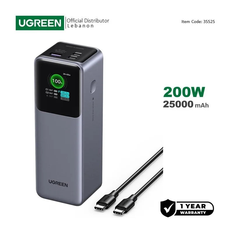 UGRREN Power Bank 200W 3 Ports, 25000 mAh for Laptops, MacBooks, Smartphones, Tablets, ipads