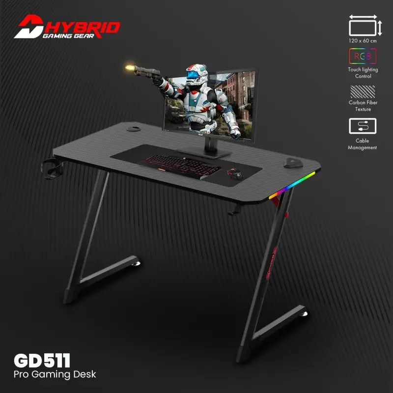 Dhybrid GD511 Durable Gaming Desk with Customizable RGB LED Lighting, Carbon Fiber Texture, Cup and Headset Holder