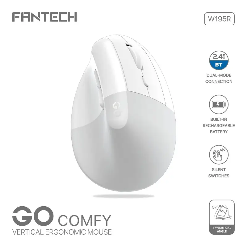 FANTECH W195R GO COMFY, Vertical Mouse, Dual Mode Bluetooth & Wireless, Silent Click, Rechargeable Battery