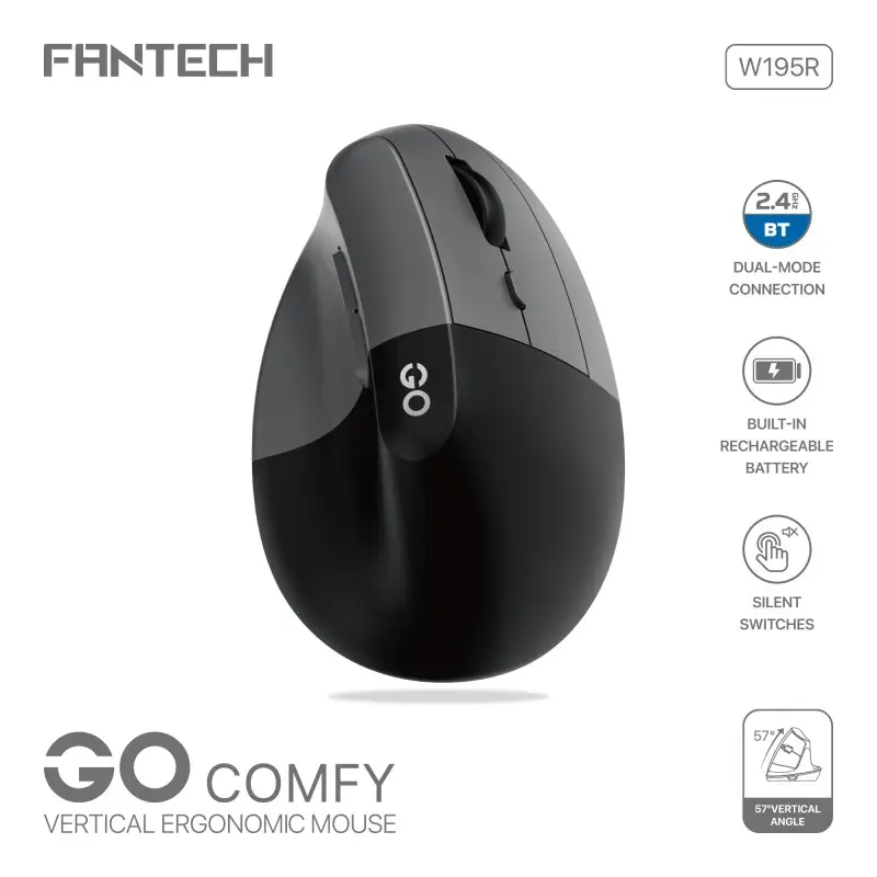 FANTECH W195R GO COMFY, Vertical Mouse, Dual Mode Bluetooth & Wireless, Silent Click, Rechargeable Battery