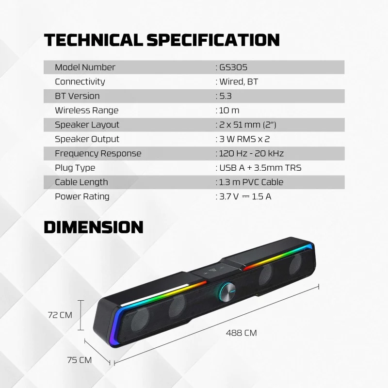 Fantech GS305 BEAT BAR Dual Mode (Wired & Bluetooth) RGB Gaming Speaker, 6W 2" tuned Drive, Deep Bass Boost