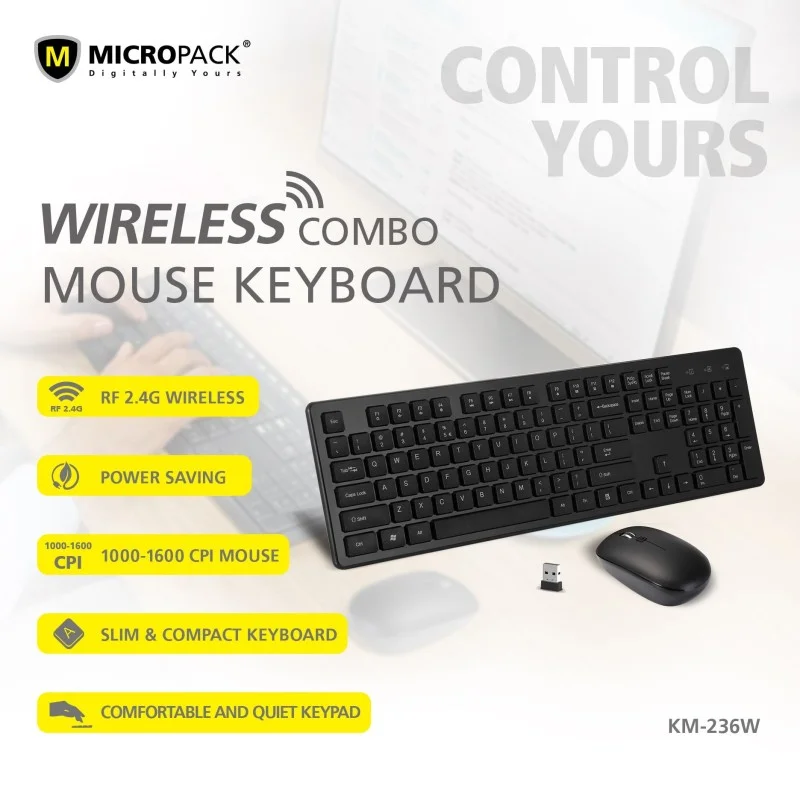 Micropack KM-236W Elegant Wireless Combo Keyboard & Mouse, Ultra Slim, Durable Structure & Stable Performance