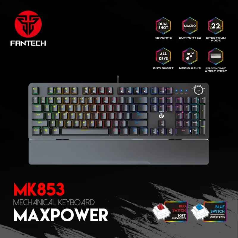 Fantech MK853 MAXPOWER, Pro Wired Mechanical Keyboard with RGB Lighting & Comfortable with wrist rest