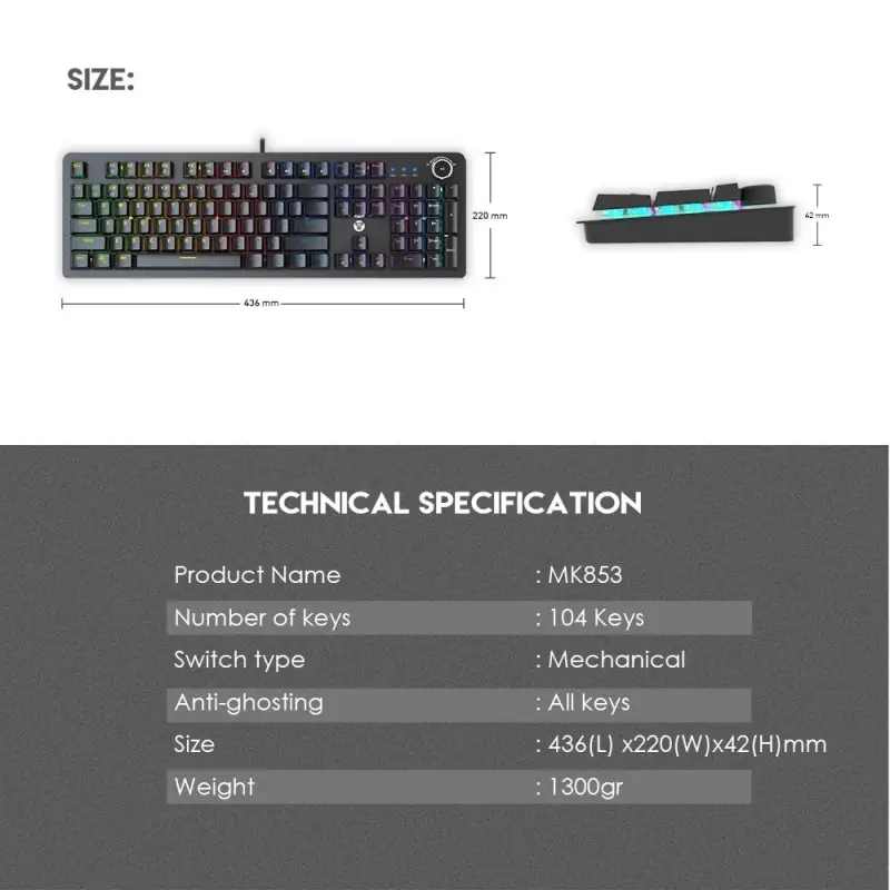Fantech MK853 MAXPOWER, Pro Wired Mechanical Keyboard with RGB Lighting & Comfortable with wrist rest