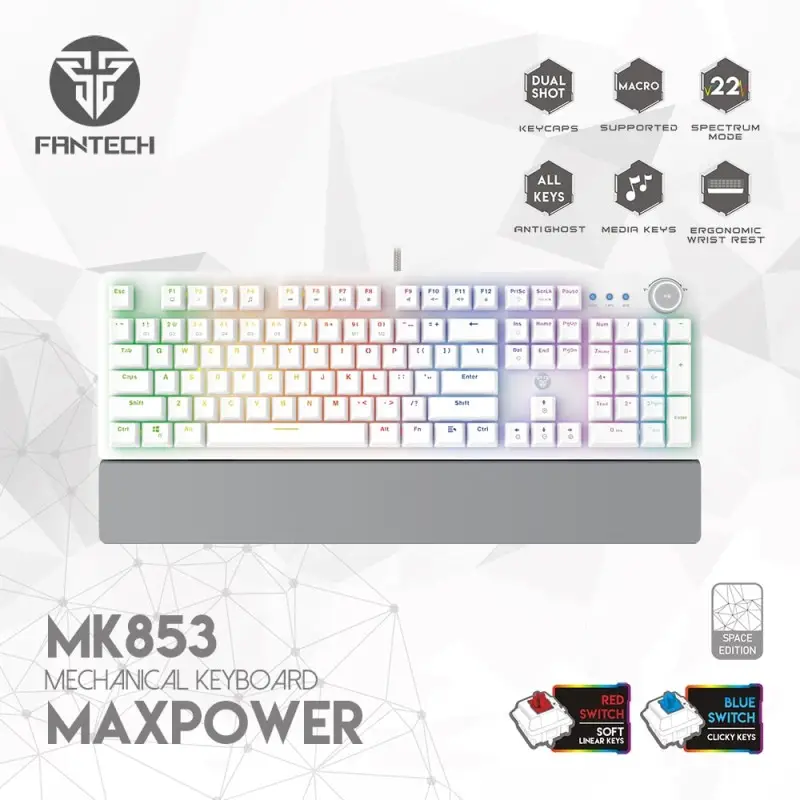 Fantech MK853 MAXPOWER, Pro Wired Mechanical Keyboard with RGB Lighting & Comfortable with wrist rest