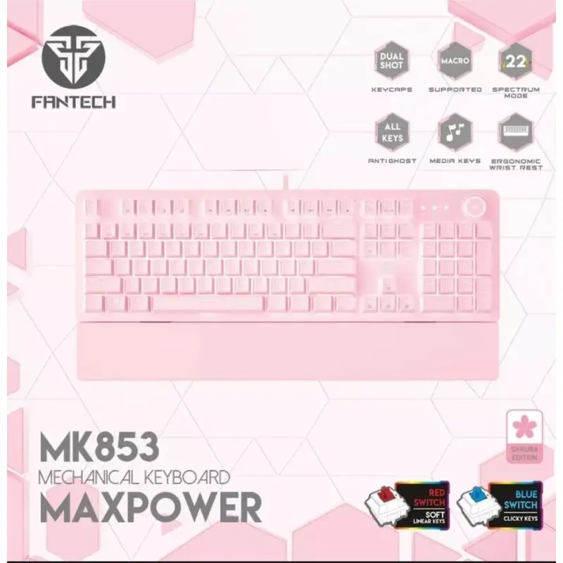 Fantech MK853 MAXPOWER, Pro Wired Mechanical Keyboard with RGB Lighting & Comfortable with wrist rest
