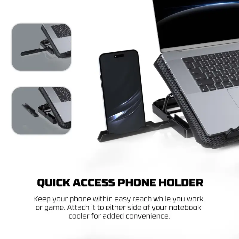 Fantech NC14 Notebook Cooler, efficient cooling performance, height adjustable with phone holder