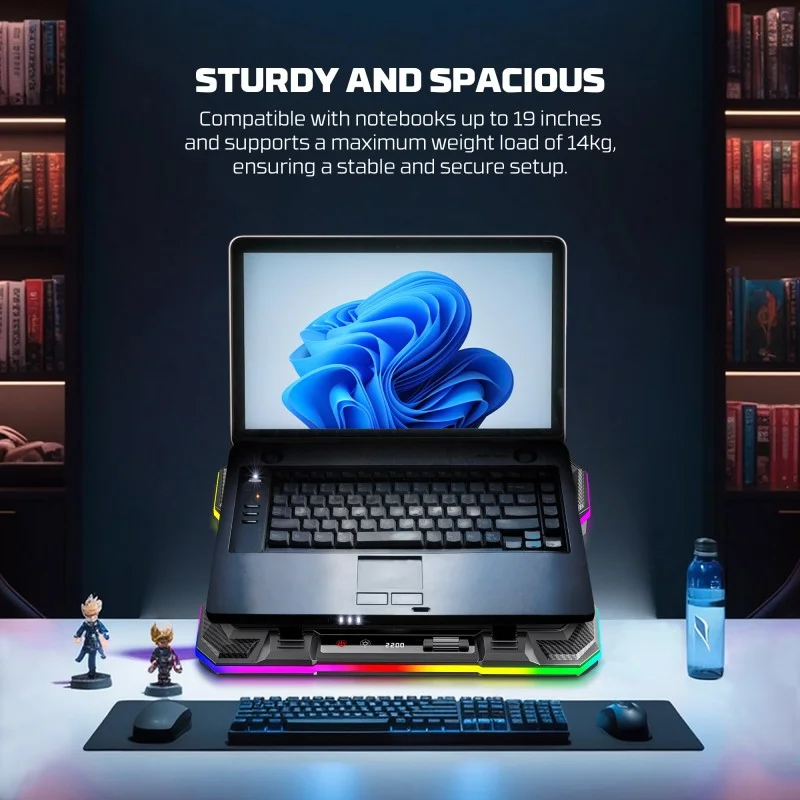 FANTECH NC22 Premium Laptop Cooling Pad β Powerful Extra-Large Fan for Superior Cooling Performance, Adjustable Height with Phone Holder, and Vibrant RGB Lighting