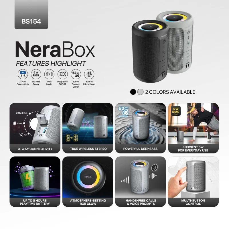 FANTECH NERABOX BS154 Wireless Speaker Bluetooth 5.4, 5W RMS, TWS Mode, AUX & TF Support, Built-in Battery