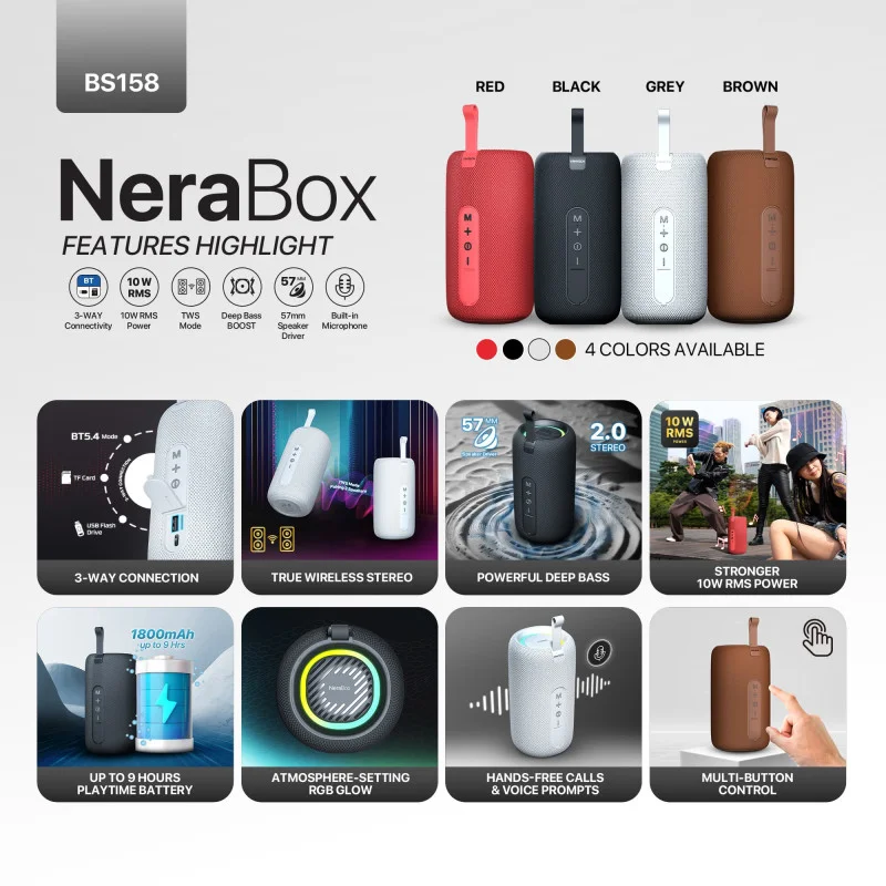 FANTECH NERABOX BS158 Wireless Speaker Bluetooth 5.4, 10W RMS, TWS Mode, USB & TF Support, Built-in Battery