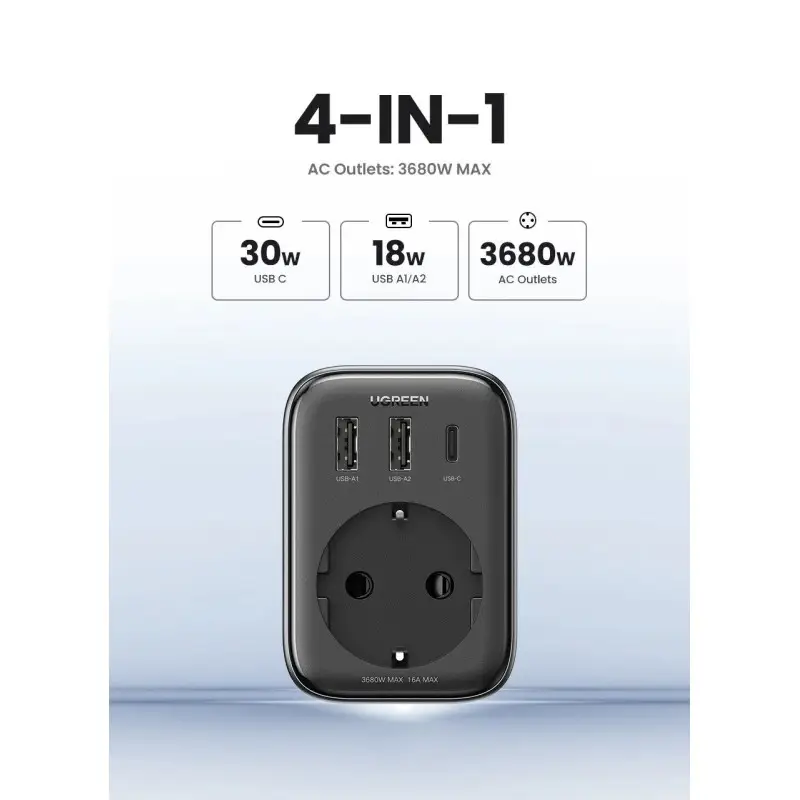 UGREEN 30W 4 in 1 Wall Outlet Extender, 3 Ports, Smart & Fast Charger for Phones, Tablets & Ipads