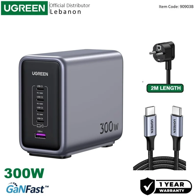 UGREEN NEXODE 300W GaNInfinity Chip, 5 Ports Charger for Phones, Tablets, Ipads, Laptops & MacBooks
