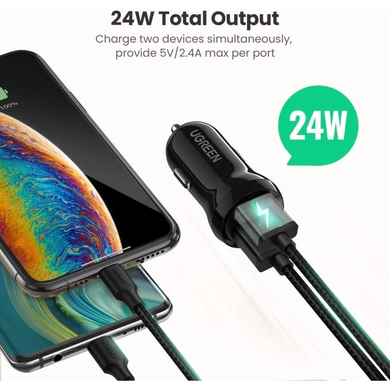 UGREEN 24W Dual Port Fast Car Charger for Phones, Tablets & Ipads