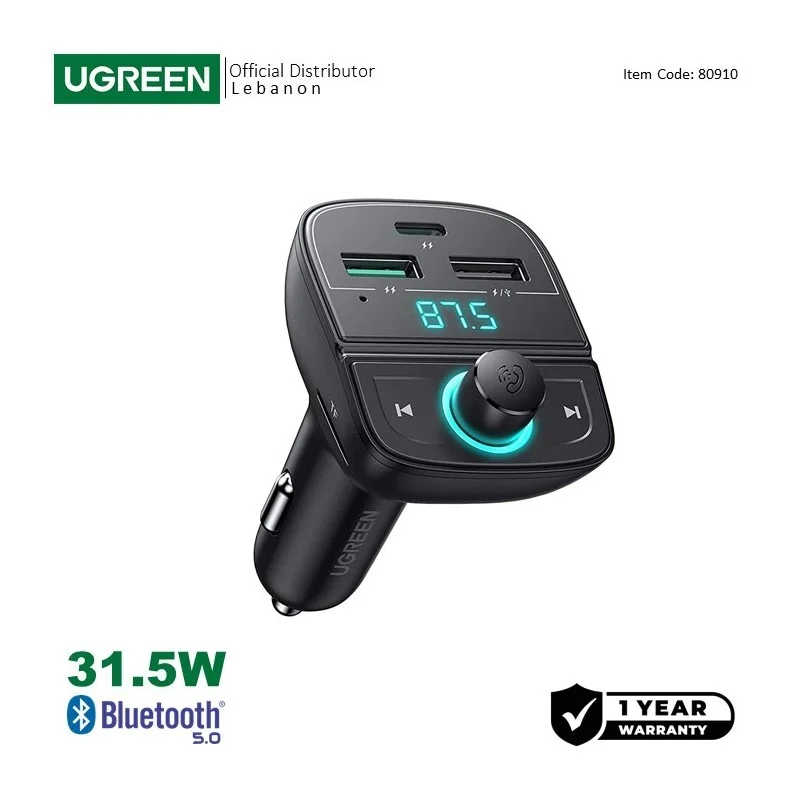 UGREEN 31.5W PD Fast Car Charger with FM & Bluetooth Transmitter + USB MP3 & TF Slot Reader
