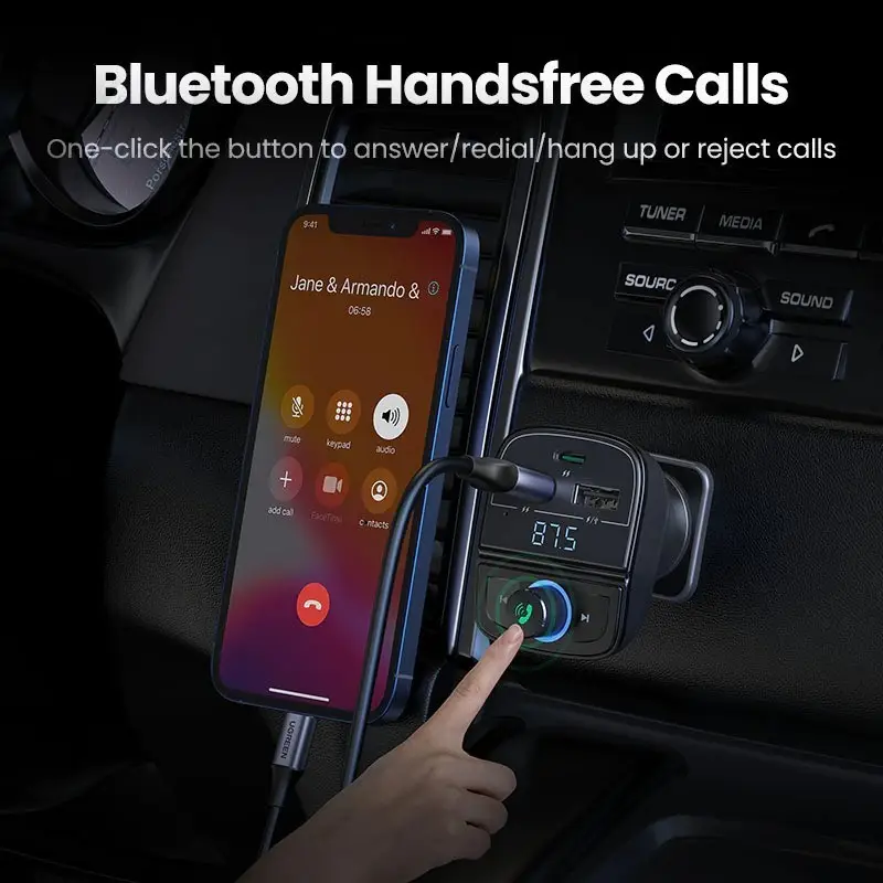 UGREEN 31.5W PD Fast Car Charger with FM & Bluetooth Transmitter + USB MP3 & TF Slot Reader