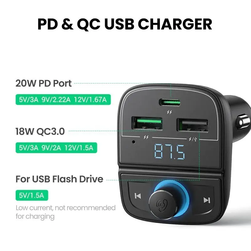 UGREEN 31.5W PD Fast Car Charger with FM & Bluetooth Transmitter + USB MP3 & TF Slot Reader