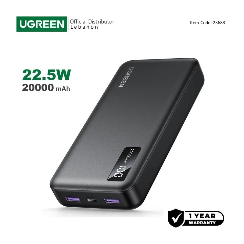 UGREEN Power Bank 22.5W PD, 3 Ports 20000 mAh, Smart & Fast Charging for Phones, Tablets, Ipads