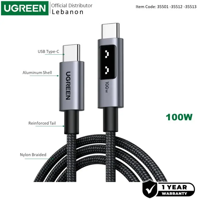 UGREEN Braided USB-C to USB-C Cable, 100W Fast Charge, LED Display, and Durable Design