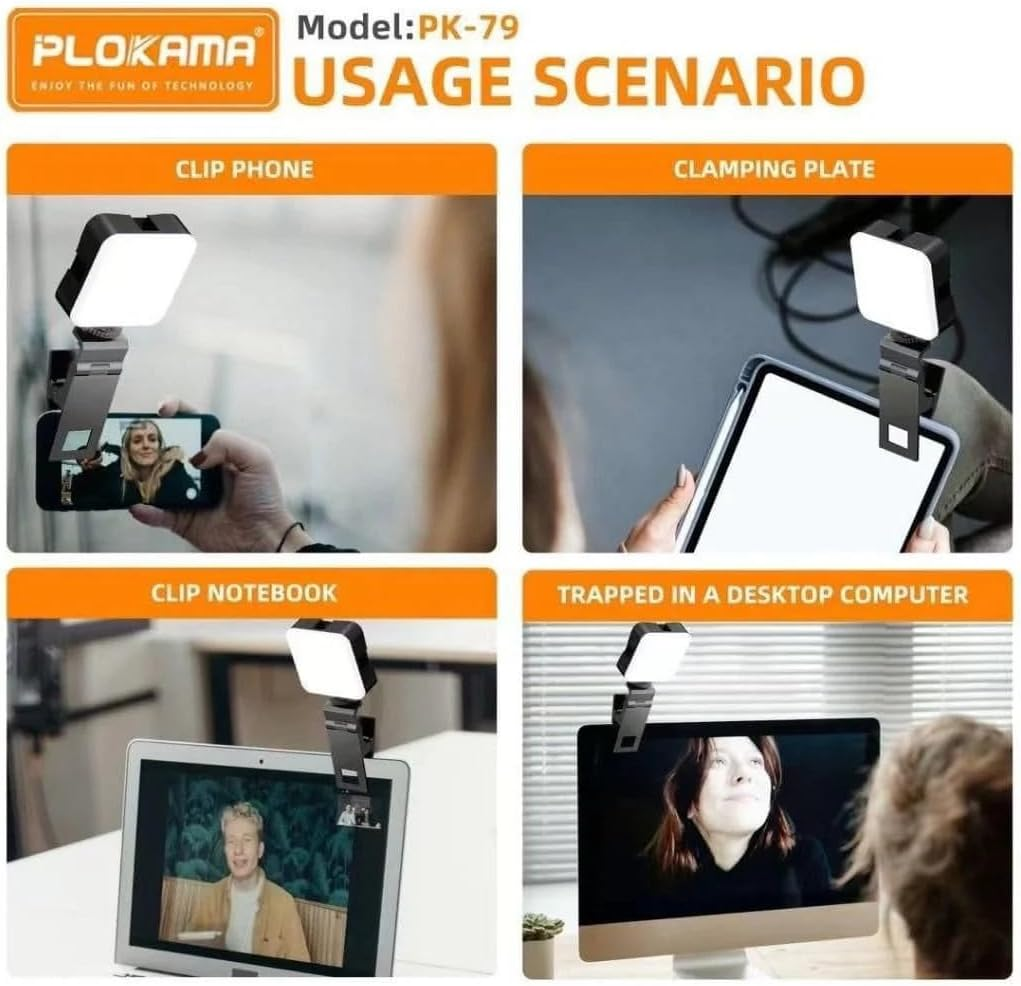 PLOKAMA PK-79 LED Video Light, Clip-On Phone Camera Light with Adjustable Brightness, Battery-Powered, Universal Mount for Laptop Desktop Mobile