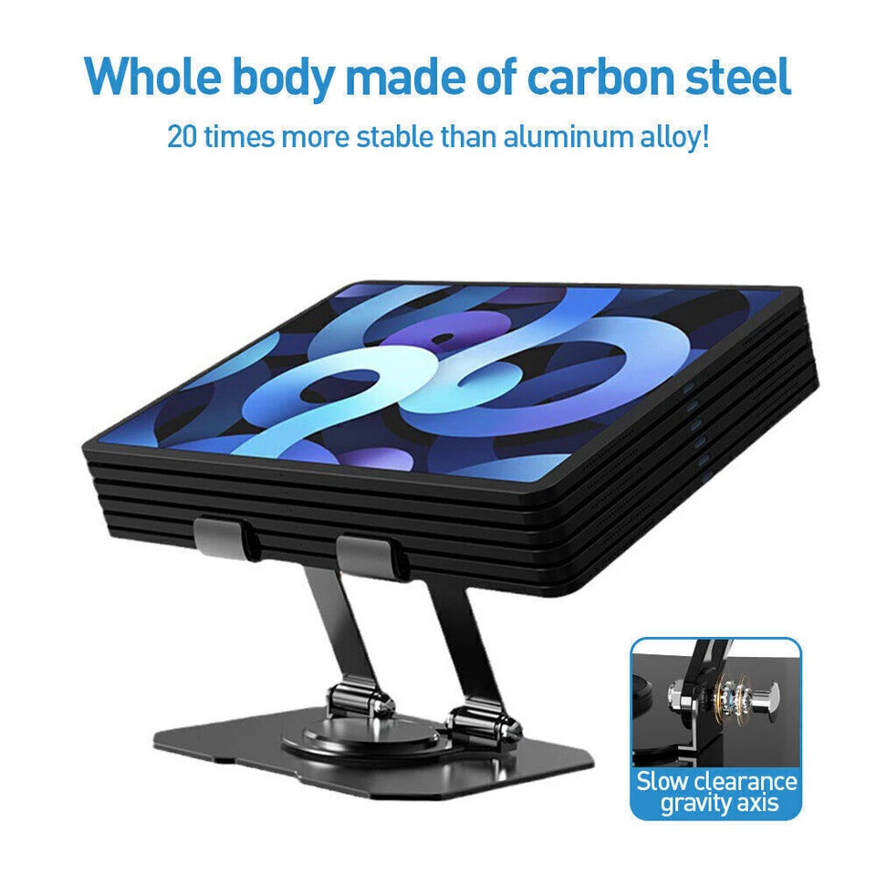 Tablet Stands, 360 Degree Adjustable Carbon Steel Swivel Tablet Stand with Multiple Silicone Protectors Desk Stand, Foldable Desk Stand Compatible with All