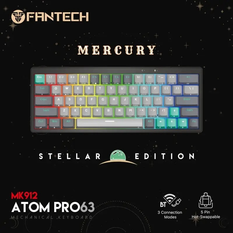 Fantech STELLAR Edition MK912 - ATOM PRO63, 3 Modes: Bluetooth, Wireless & Wired, Built-in Battery, Mechanical Gaming Keyboard